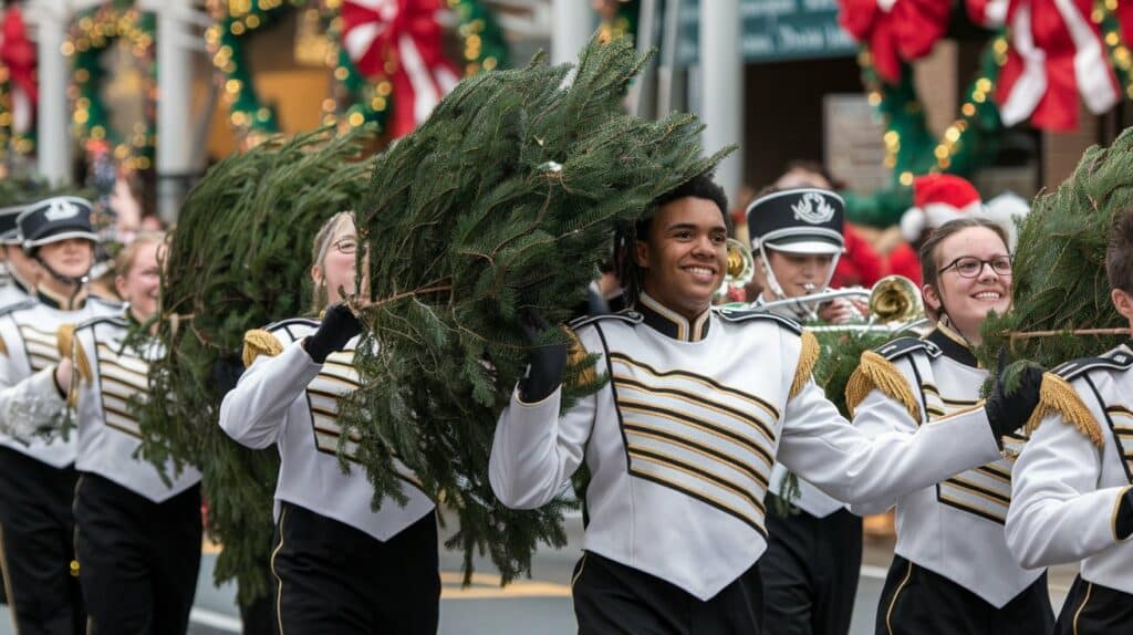 AI-generated photo of school marching band carrying Christmas trees