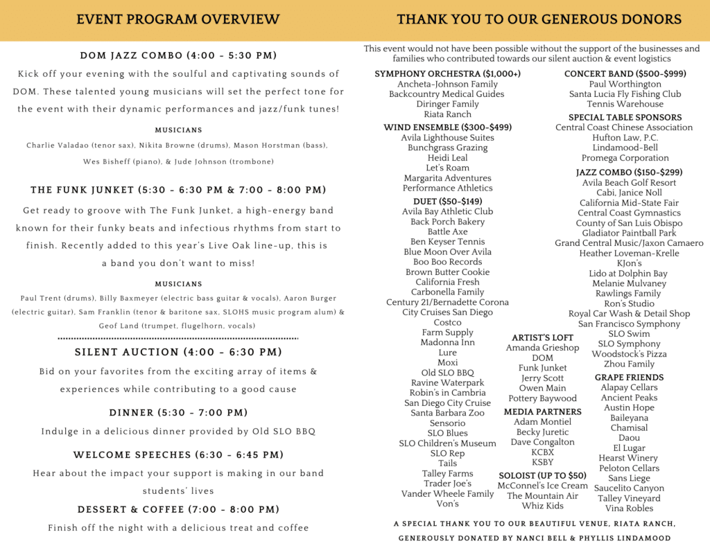 Beats & Brass event program and donor recognition